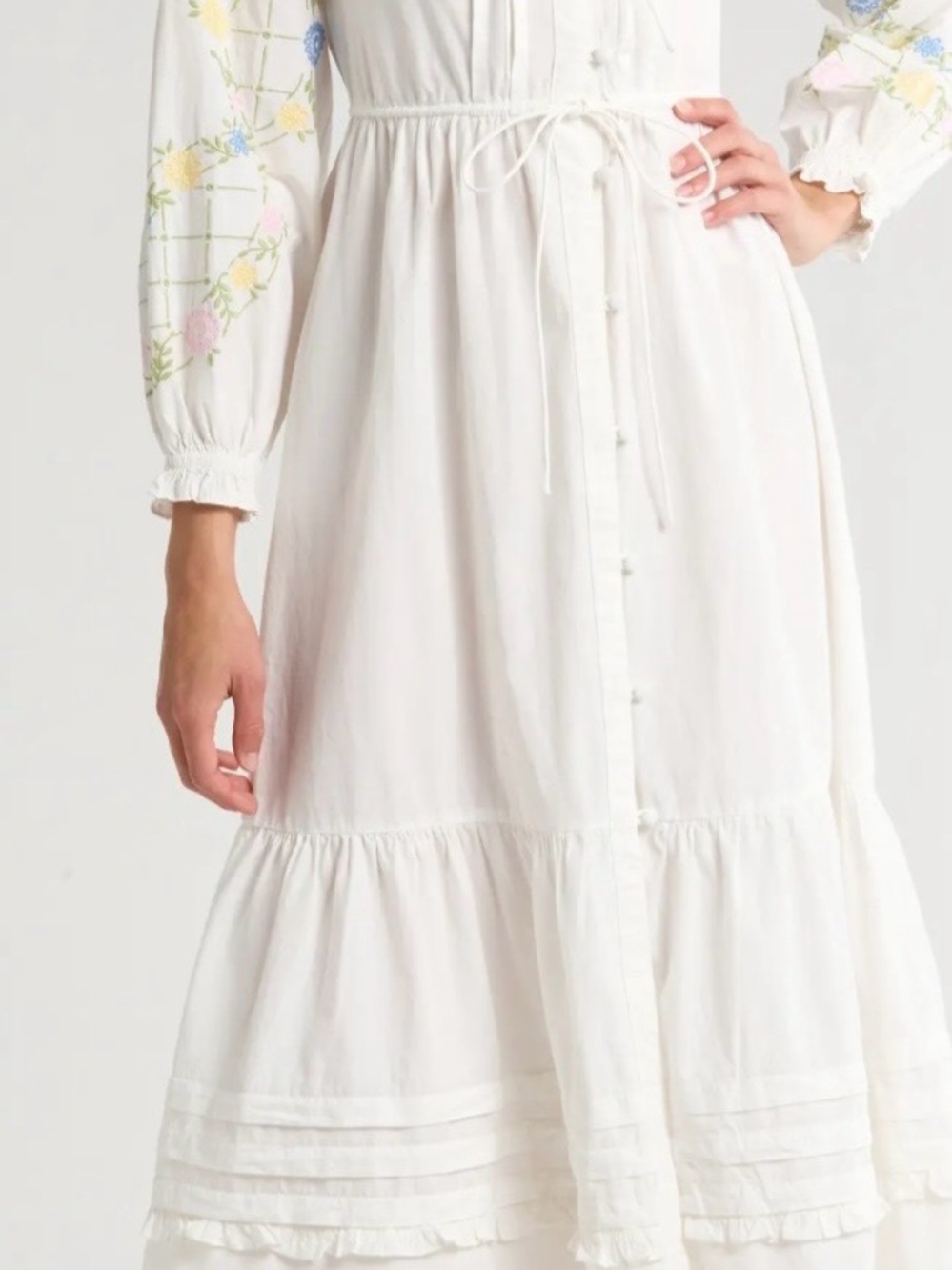 Damson Madder White Button-Front Maxi Dress with Drawstring Waist